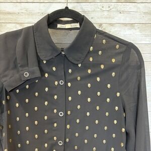 Hot & Delicious Womens S Top Sheer Blouse Black Brass Metal Skulls Button Up
